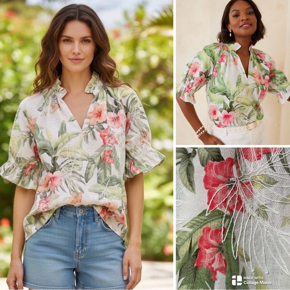 Tommy Bahama Coastalina Daybreak Hibiscus Embroidered Linen top